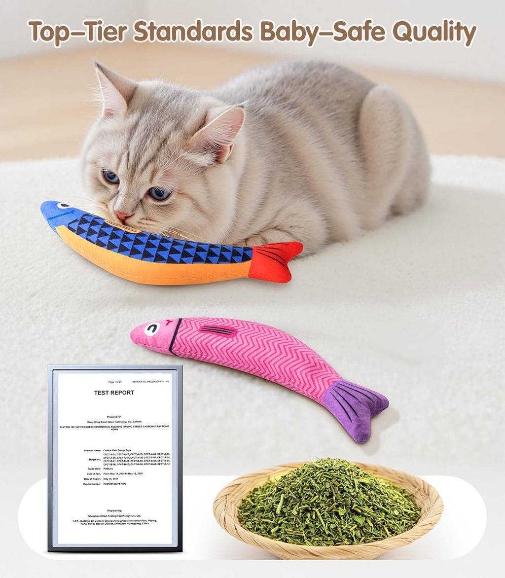 Cat Toys With[5000Mg A+Natural Catnip &Silvervine] [Baby Grade] Interactive Soft Chew Kicker Cat Toys for Indoor Cats & Kittens, [Crinkle &Bell] Fish Sound Toy,Drives Bored Cat Crazy with Fun