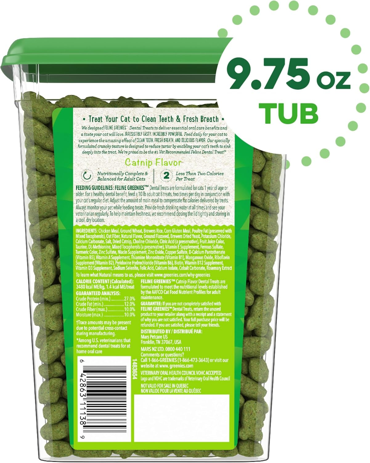 Feline Adult Dental Cat Treats, Catnip Flavor, 9.75 Oz. Tub