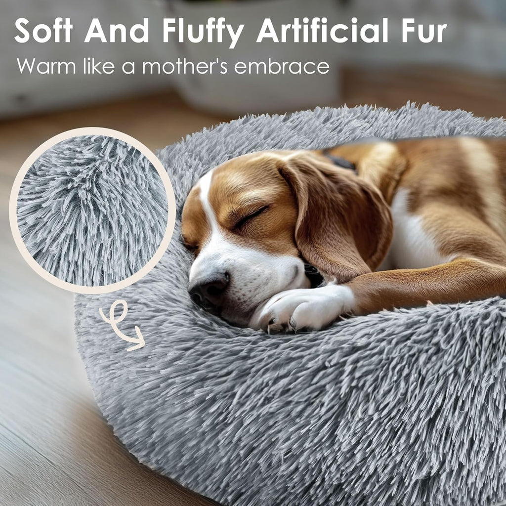 Dog & Cat Bed for Indoor Cats, 20In Calming Donut Bed for Puppy and Kitten, Washable round Fluffy Pet Bed for Small Medium Dogs and Cats (Light Grey)