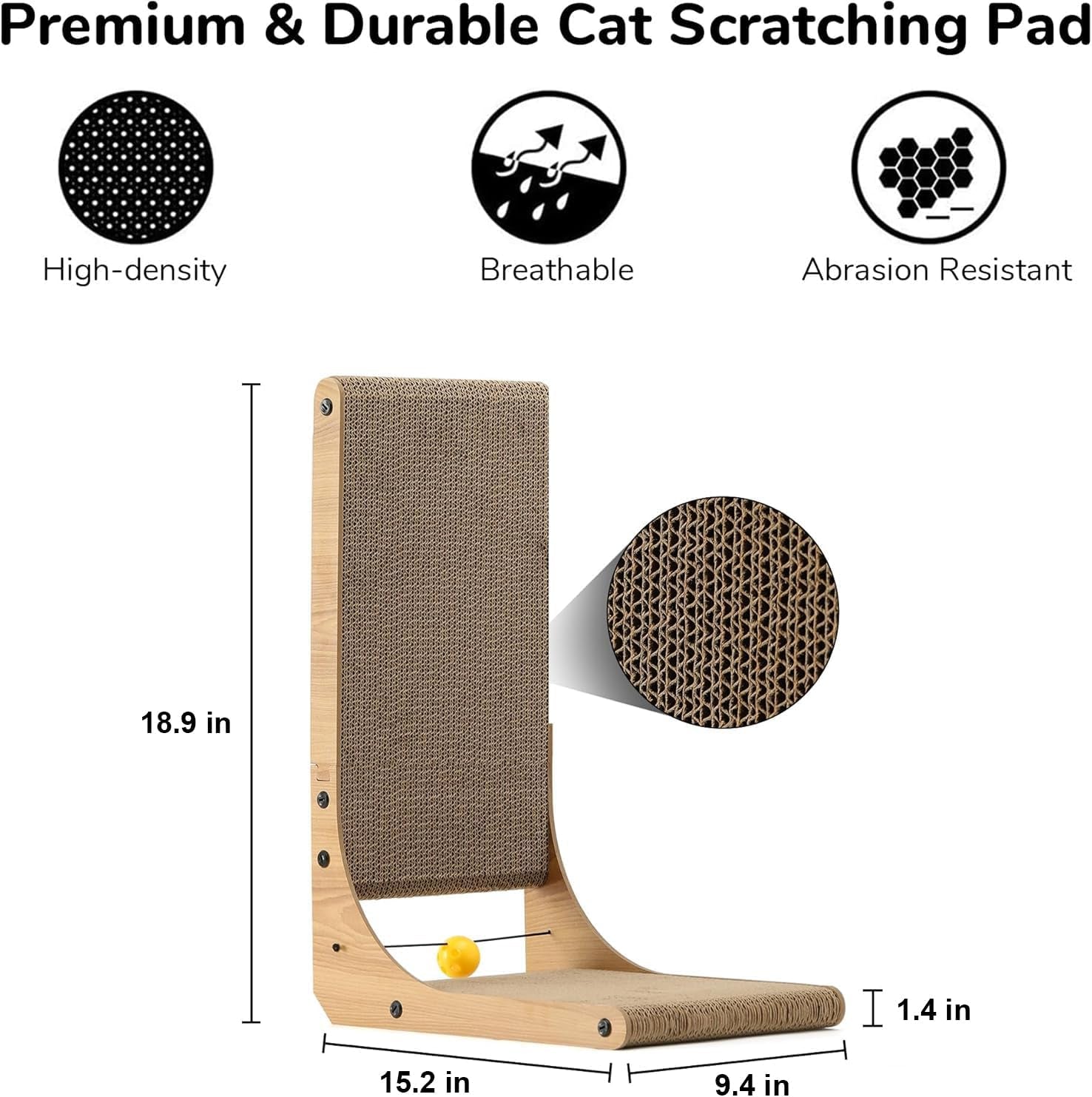Cat Scratcher, 18.9 Inch L Shape Cat Scratch Pad, Vertical Cat Scratcher Wall Mounted, Cat Scratching Cardboard with Ball Toy for Indoor Cats