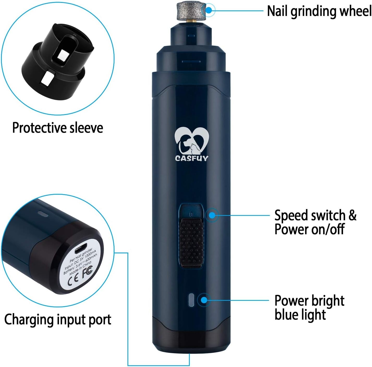 Dog Nail Grinder Upgraded - Professional 2-Speed Electric Rechargeable Pet Nail Trimmer Painless Paws Grooming & Smoothing for Small Medium Large Dogs & Cats(Dark Blue)