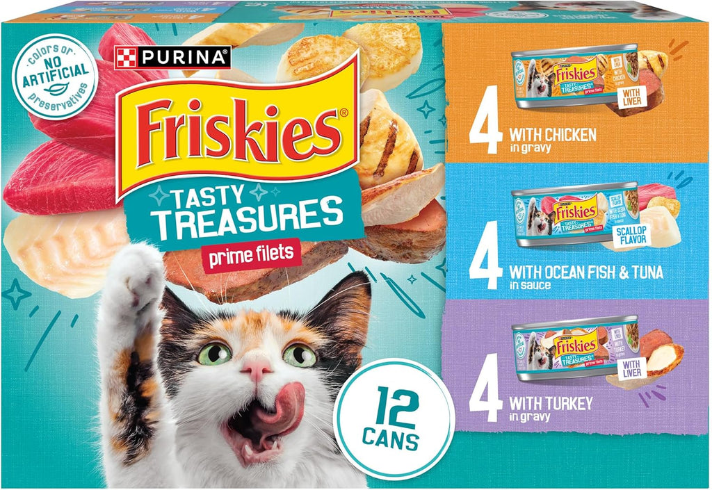 Purina  Wet Cat Food Variety Pack, Tasty Treasures Prime Filets (With Ocean Fish and Tuna, with Chicken and with Turkey) - 5.5 Ounce (Pack of 12)