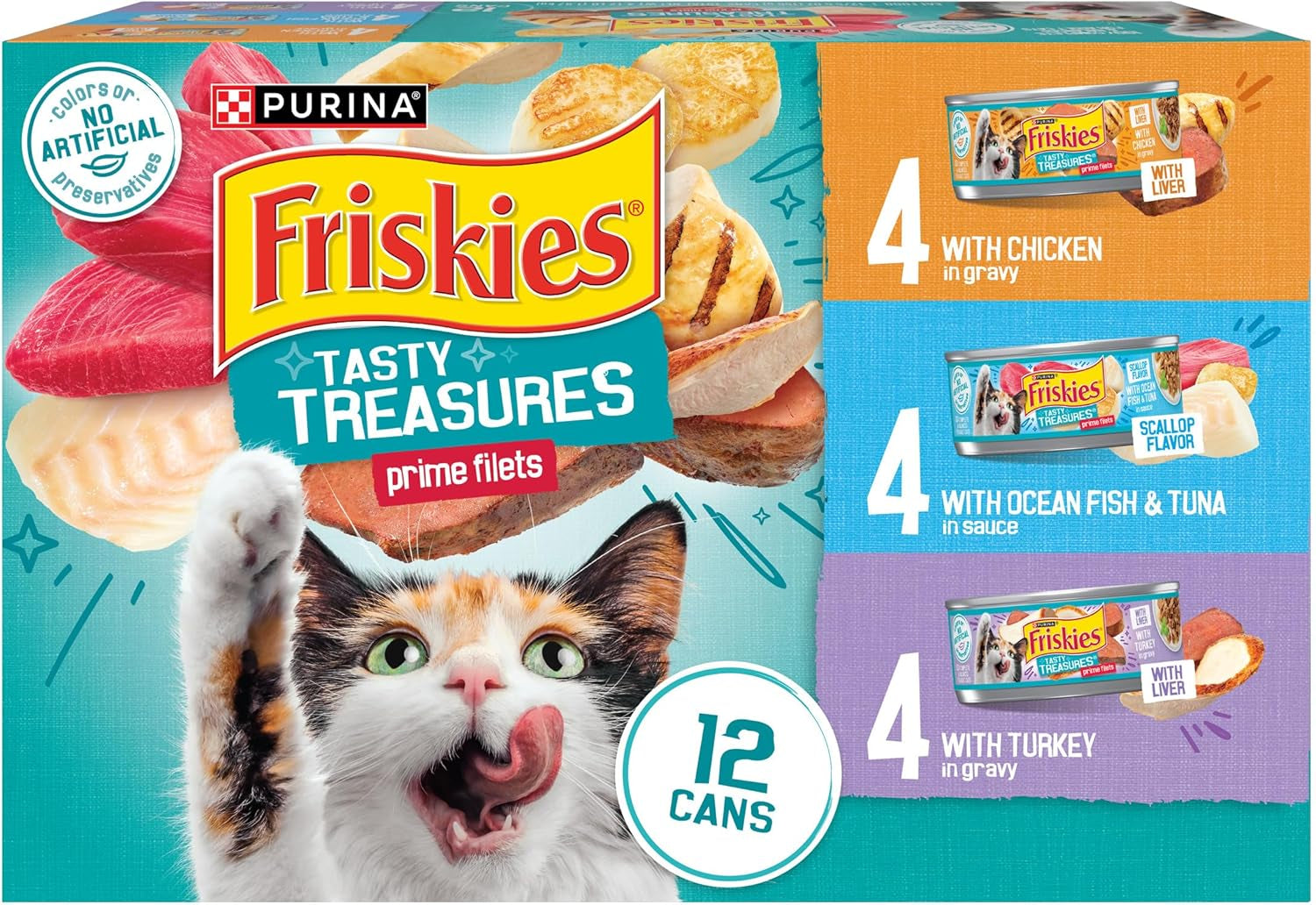 Purina  Wet Cat Food Variety Pack, Tasty Treasures Prime Filets (With Ocean Fish and Tuna, with Chicken and with Turkey) - 5.5 Ounce (Pack of 12)