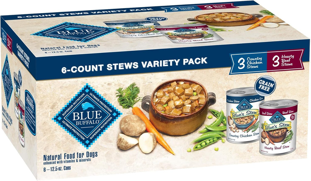 Blue'S Stew Natural Wet Dog Food, Made with Natural Ingredients, Hearty Beef and Country Chicken Variety Pack, 12.5-Oz Cans, 6 Count