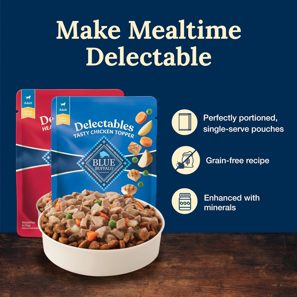 Delectables Natural Wet Dog Food Toppers Variety Pack, Tasty Chicken & Hearty Beef, Cuts in Gravy, 3-Oz. (12 Pouches, 6 of Each Flavor)